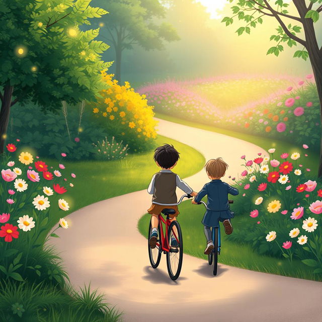 An illustration showing two children riding bicycles from a distance in a park