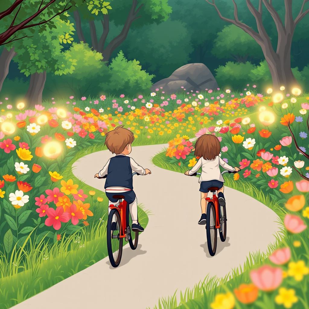 An illustration showing two children riding bicycles from a distance in a park