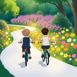 An illustration showing two children riding bicycles from a distance in a park