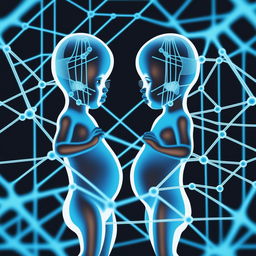 A dark-themed digital illustration of genetically edited twin baby girls, surrounded by a neon blue network of lines representing manipulated genetic code