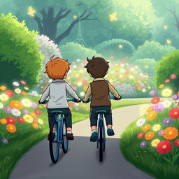 An illustration showing two children riding bicycles from a distance in a park