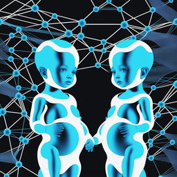 A dark-themed digital illustration of genetically edited twin baby girls, surrounded by a neon blue network of lines representing manipulated genetic code