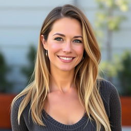 A 35-year-old woman with fair skin and long hair, styled in a natural manner with minimal makeup