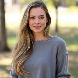 A 35-year-old woman with fair skin and long hair, styled in a natural manner with minimal makeup