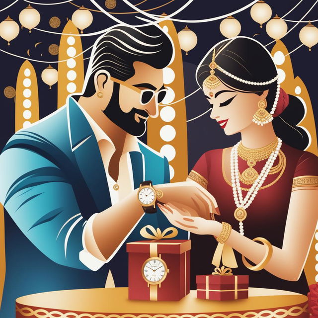 This high-quality photograph captures a stylish couple exchanging luxury watches as gifts for Akshaya Tritiya, symbolizing love and prosperity