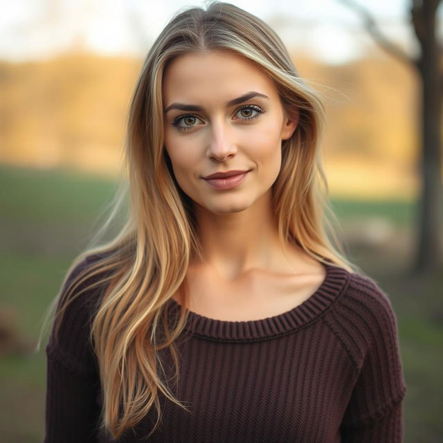 A 35-year-old woman with fair skin and long hair, portrayed in a natural style with minimal makeup