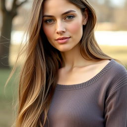 A 35-year-old woman with fair skin and long hair, portrayed in a natural style with minimal makeup