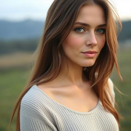 A 35-year-old woman with fair skin and long hair, portrayed in a natural style with minimal makeup