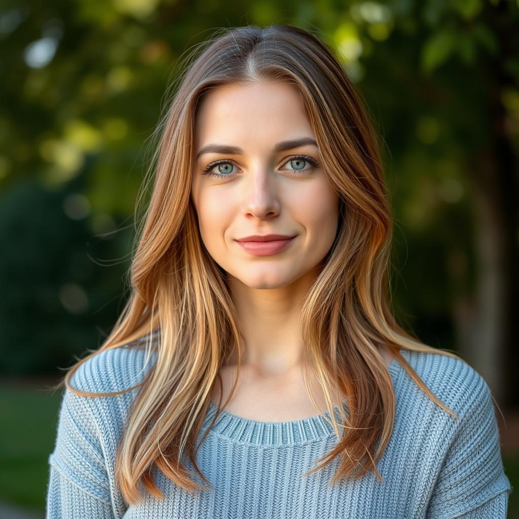 A 35-year-old woman with fair skin and long hair, depicted in a natural style with minimal makeup