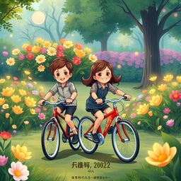 An illustration depicting two young children riding bicycles in a park, dressed in smart and modest sports clothing
