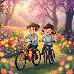 An illustration depicting two young children riding bicycles in a park, dressed in smart and modest sports clothing