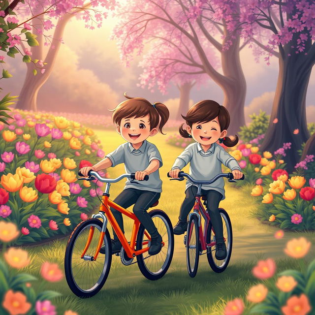 An illustration depicting two young children riding bicycles in a park, dressed in smart and modest sports clothing