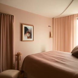 An Airbnb room with a calm and inviting color scheme, featuring a bed, side table, good lighting, a wall photo, and calm-colored curtains, complete with all necessary furnishings