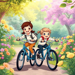 An illustration depicting two young children riding bicycles in a park, dressed in smart and modest sports clothing