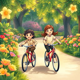 An illustration depicting two young children riding bicycles in a park, dressed in smart and modest sports clothing