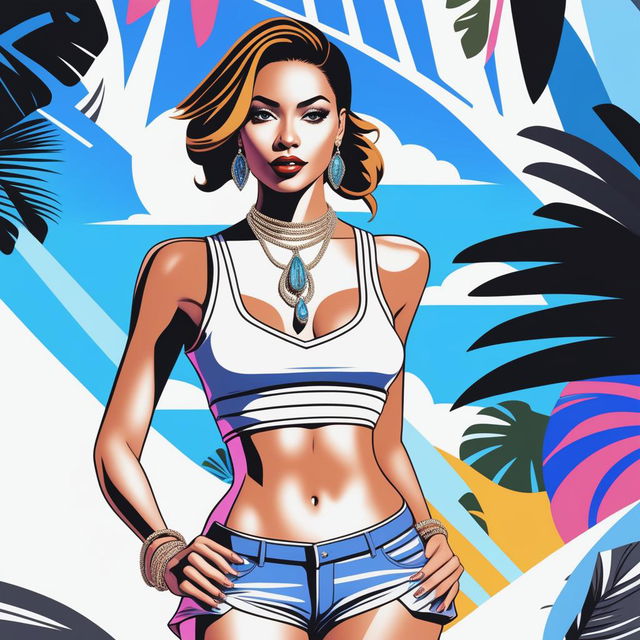 A high-quality digital rendering of a petite woman, confidently dressed in a tie-up crop top and shorts, with a necklace around her neck