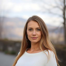 A 35-year-old woman with fair skin and long hair, depicted in a natural style with minimal makeup