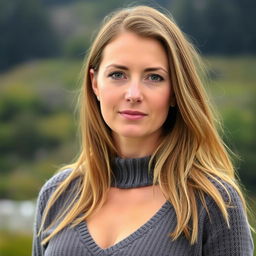 A 35-year-old woman with fair skin and long hair, depicted in a natural style with minimal makeup