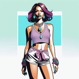 A high-quality digital rendering of a petite woman, confidently dressed in a tie-up crop top and shorts, with a necklace around her neck