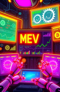 An informative and visually engaging digital artwork showcasing the concept of MEV (Miner Extractable Value) in the cryptocurrency space