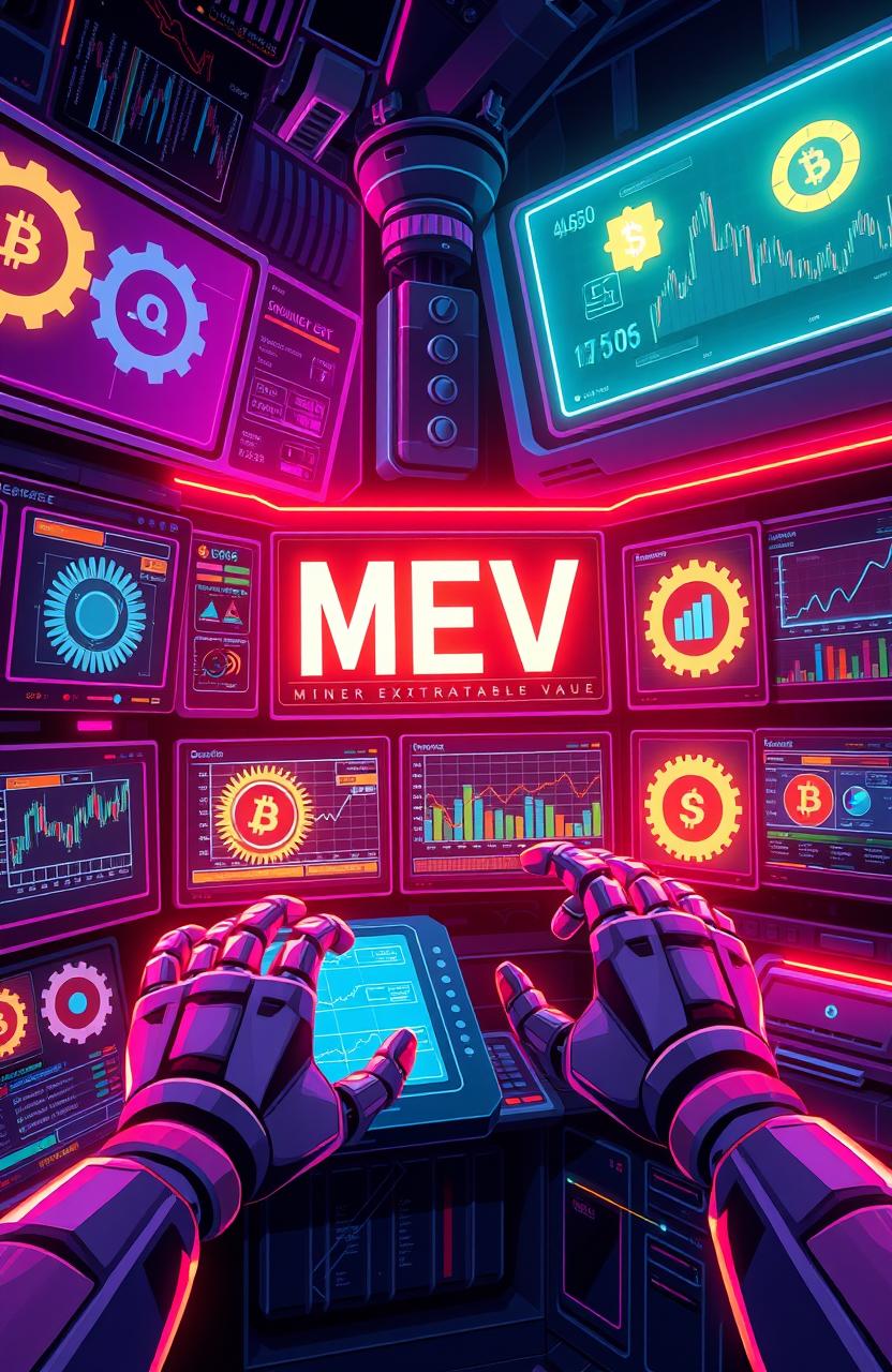 An informative and visually engaging digital artwork showcasing the concept of MEV (Miner Extractable Value) in the cryptocurrency space