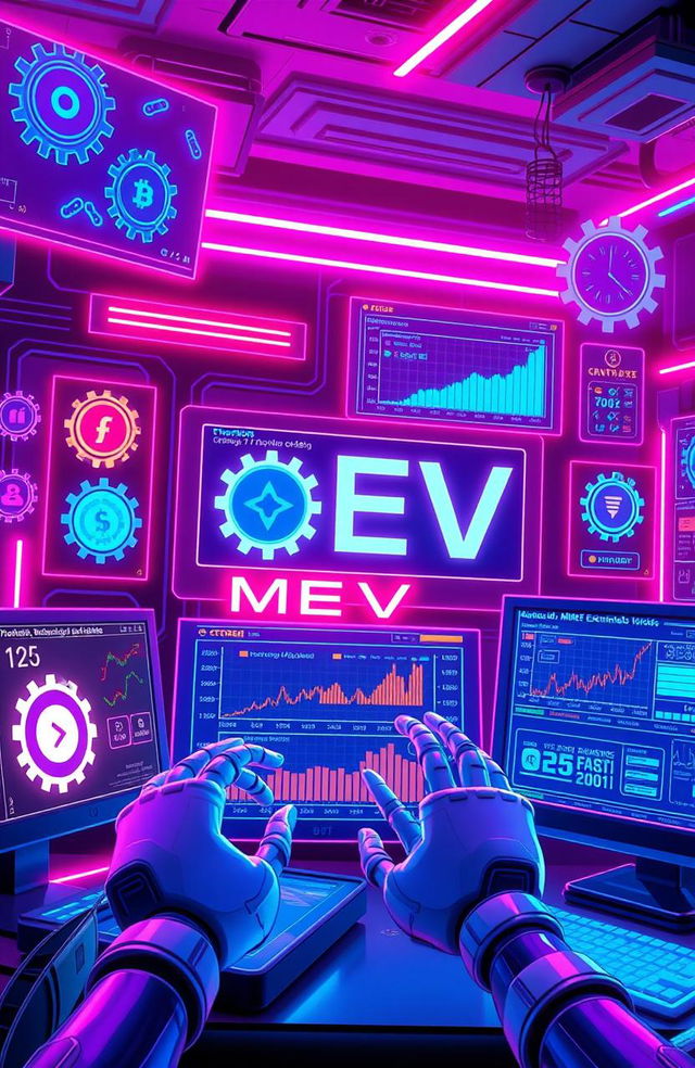 An informative and visually engaging digital artwork showcasing the concept of MEV (Miner Extractable Value) in the cryptocurrency space