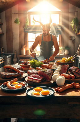 An artistic representation of a person preparing a variety of meats and animal products that showcase the concept of a carnivore diet