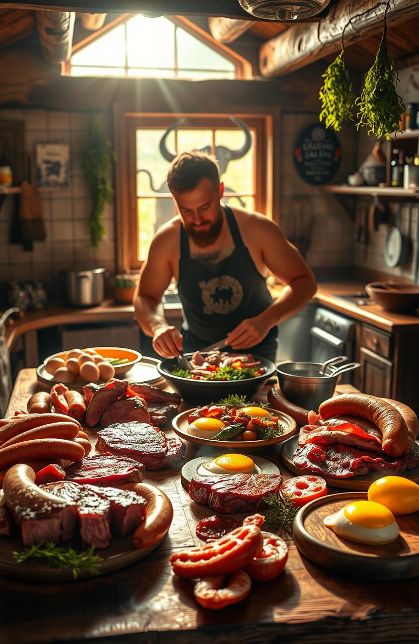 An artistic representation of a person preparing a variety of meats and animal products that showcase the concept of a carnivore diet