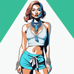 A high-quality digital rendering of a petite woman, confidently dressed in a tie-up crop top and shorts, with a necklace around her neck