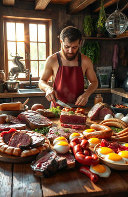 An artistic representation of a person preparing a variety of meats and animal products that showcase the concept of a carnivore diet