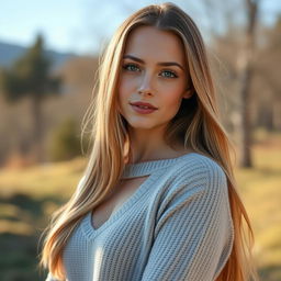 A 35-year-old woman with fair skin and long hair, presented in a natural style with minimal makeup