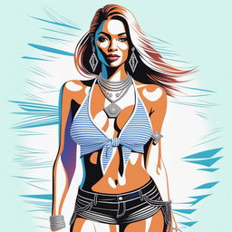 A high-quality digital rendering of a petite woman, confidently dressed in a tie-up crop top and shorts, with a necklace around her neck