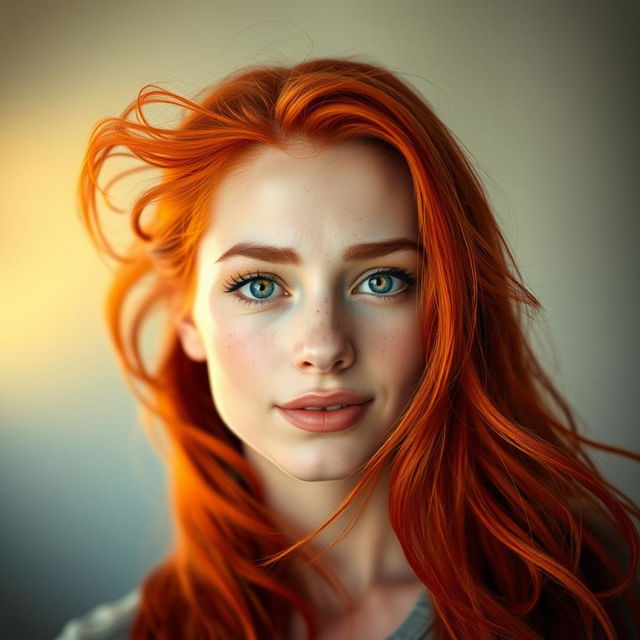 A striking portrait of a woman with vibrant red hair, flowing and captivating