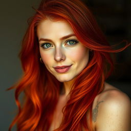 A striking portrait of a woman with vibrant red hair, flowing and captivating