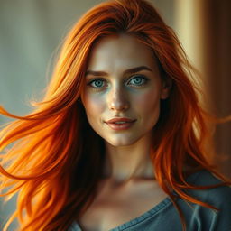 A striking portrait of a woman with vibrant red hair, flowing and captivating