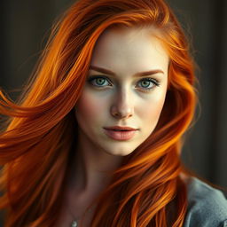 A striking portrait of a woman with vibrant red hair, flowing and captivating