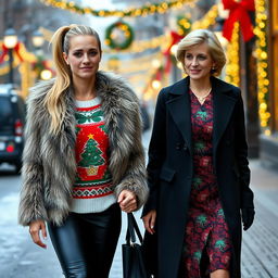 A pretty woman walking down the street with long blonde hair pulled into a ponytail, dressed in a fancy fur jacket over a vibrant Christmas sweater and sleek black pants