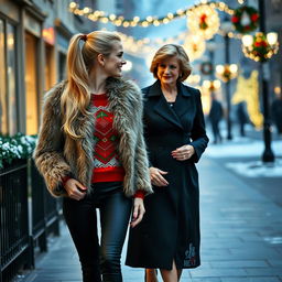 A pretty woman walking down the street with long blonde hair pulled into a ponytail, dressed in a fancy fur jacket over a vibrant Christmas sweater and sleek black pants