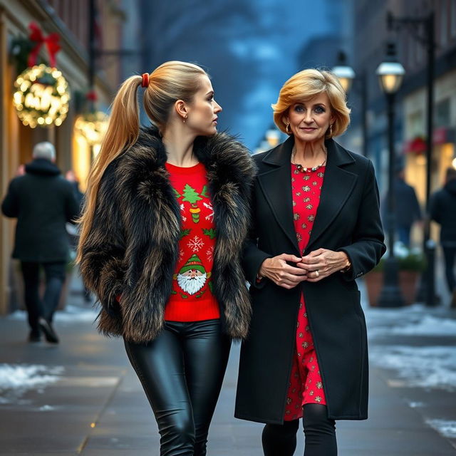 A pretty woman walking down the street with long blonde hair pulled into a ponytail, dressed in a fancy fur jacket over a vibrant Christmas sweater and sleek black pants