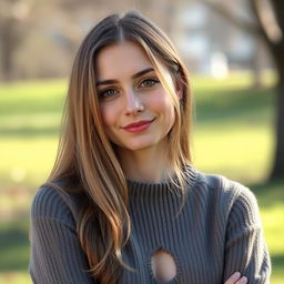 A 35-year-old woman with fair skin and long hair, portrayed in a natural style with minimal makeup