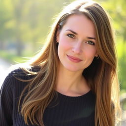 A 35-year-old woman with fair skin and long hair, portrayed in a natural style with minimal makeup