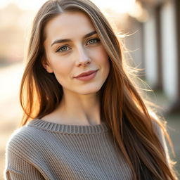 A 35-year-old woman with fair skin and long hair, portrayed in a natural style with minimal makeup