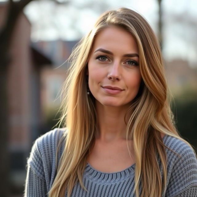 A 35-year-old woman with fair skin and long hair, portrayed in a natural style with minimal makeup