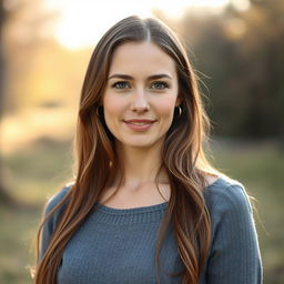 A 35-year-old woman with fair skin and long hair, portrayed in a natural style with minimal makeup