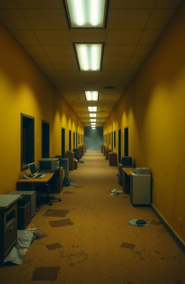 A surreal and eerie interpretation of the "Back Rooms" concept, featuring endless yellow-tinted corridors with stained carpet and fluorescent lights flickering above