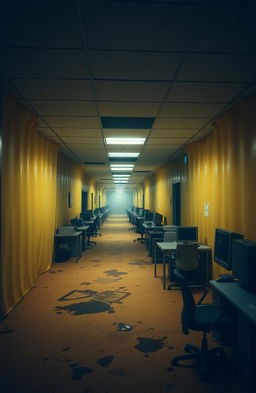 A surreal and eerie interpretation of the "Back Rooms" concept, featuring endless yellow-tinted corridors with stained carpet and fluorescent lights flickering above