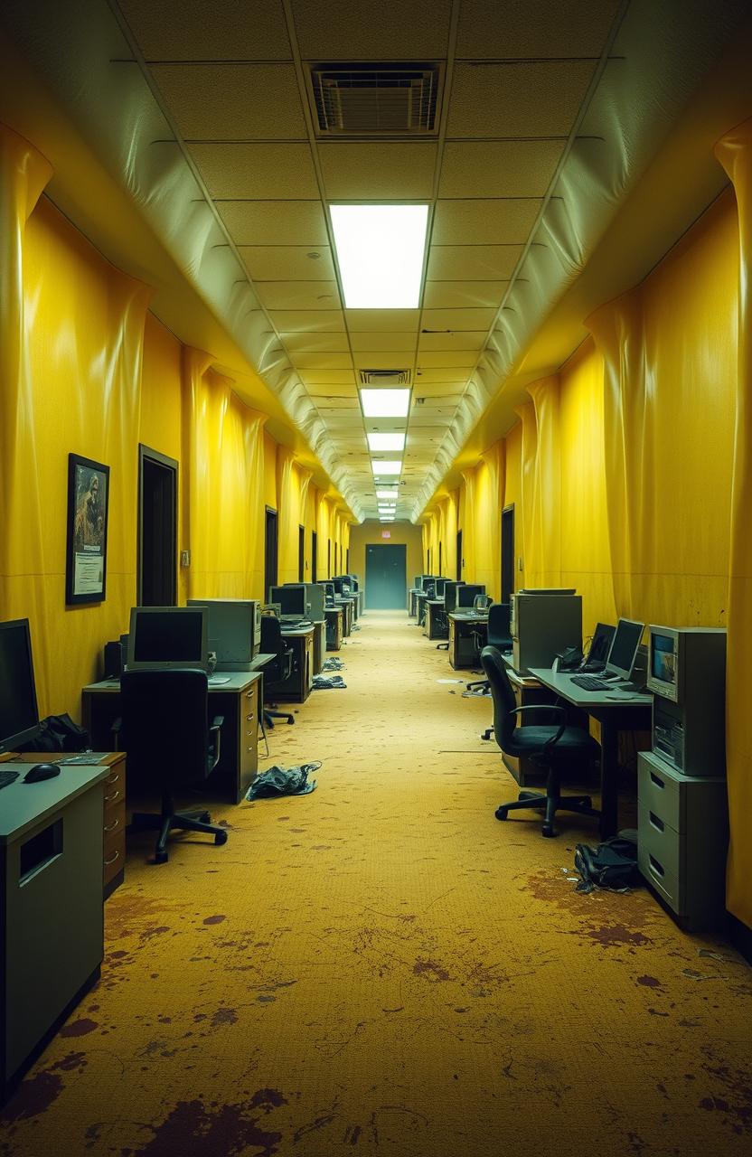 A surreal and eerie interpretation of the "Back Rooms" concept, featuring endless yellow-tinted corridors with stained carpet and fluorescent lights flickering above