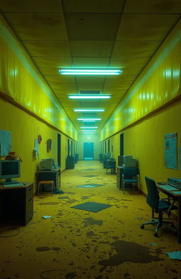 A surreal and eerie interpretation of the "Back Rooms" concept, featuring endless yellow-tinted corridors with stained carpet and fluorescent lights flickering above
