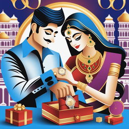 A high-resolution photograph captures a real, stylish couple exchanging luxury watches as gifts for Akshaya Tritiya, symbolizing love and prosperity