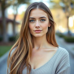 A 35-year-old woman with fair skin and long hair, shown in a natural style with minimal makeup